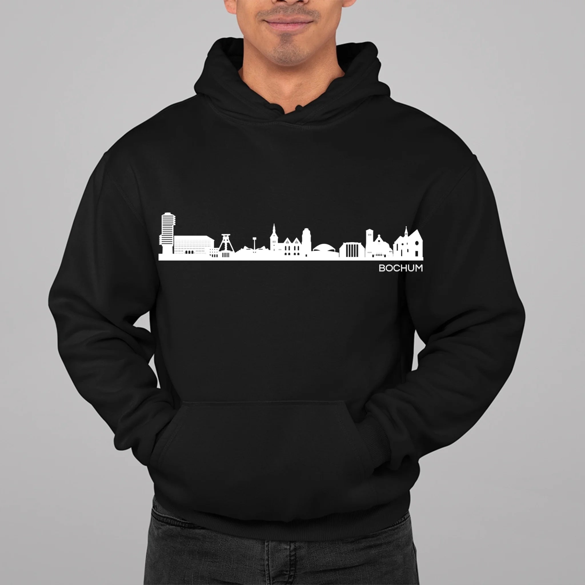Personalisierbarer schwarzer Hoodie mit Skyline und Stadtname-front
